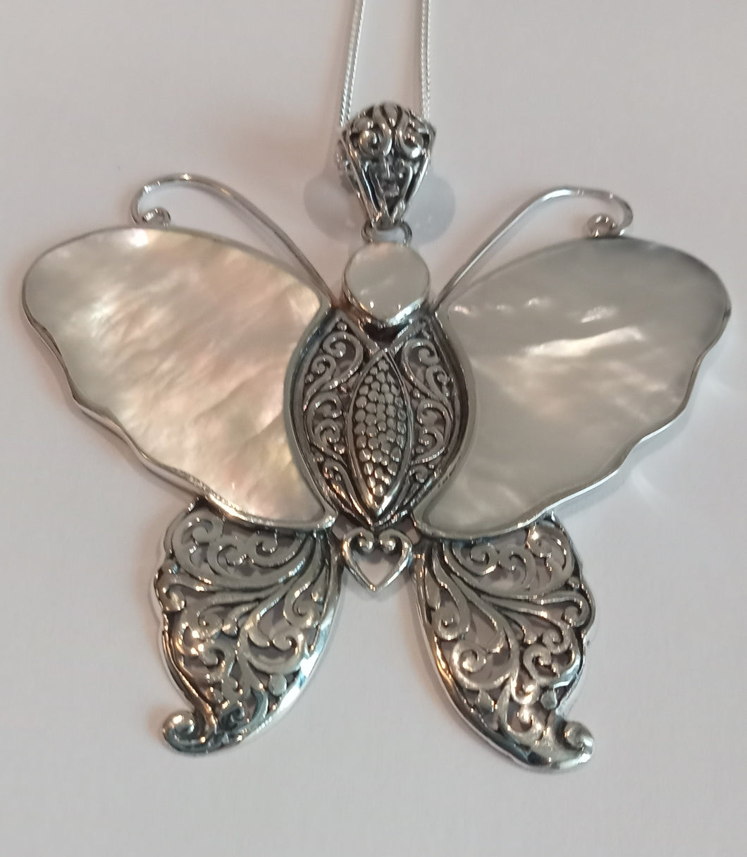 Mother of Pearl Open Winged Ornate Butterfly Pendant
