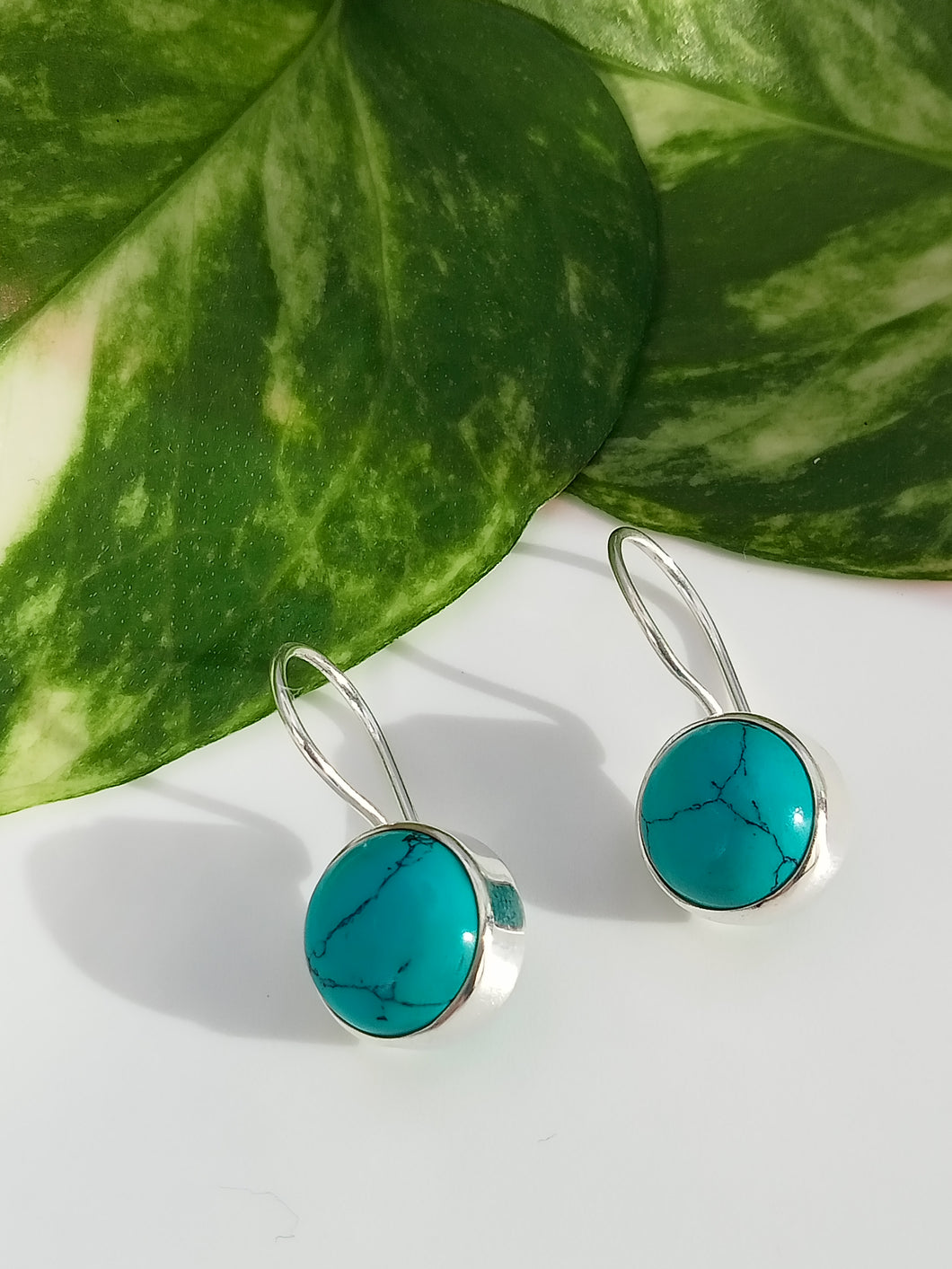 Turquoise Stone in Silver Case Dangle Earrings